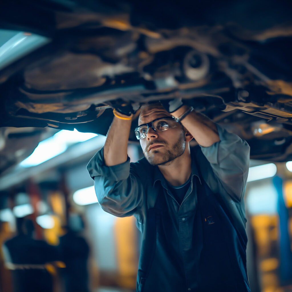 A man in safety glasses and work gloves inspects the underside of a car.
