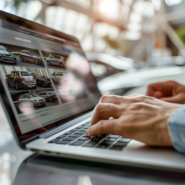 A person's hands typing on a laptop, which displays a website with multiple car images for sale.
