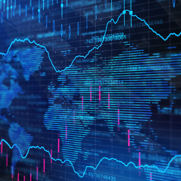 A digital display of financial data, featuring a blue wavy line graph, magenta bar charts, and numerical data overlaid on a blue world map.
