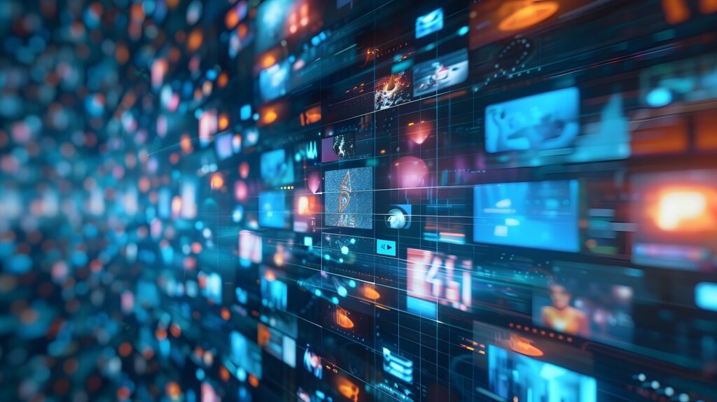 A futuristic, abstract image showing a grid of glowing blue and orange screens or data points, suggesting digital content or a network.