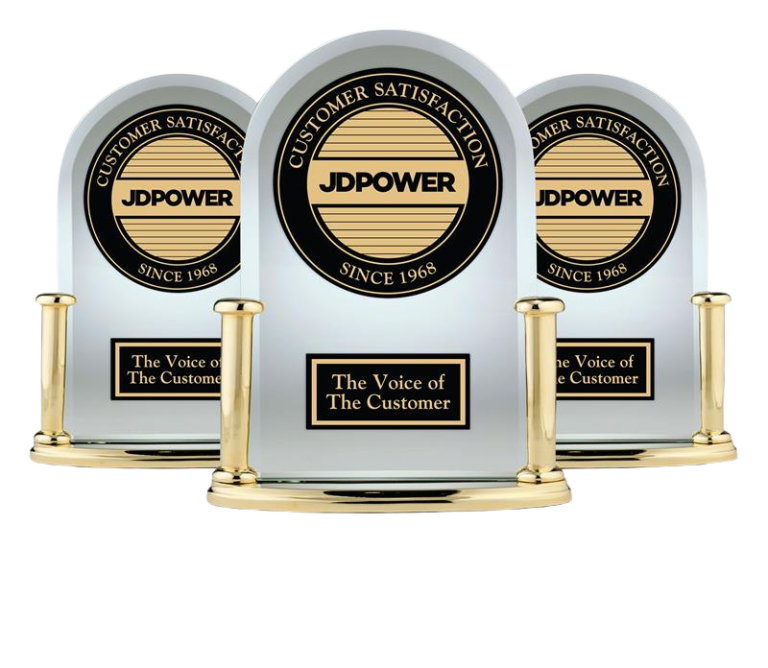 Three identical JD Power awards, made of clear material with gold accents, displayed against a black background. Each award features the JD Power logo, 'Customer Satisfaction', 'Since 1968', and 'The Voice of The Customer' text.