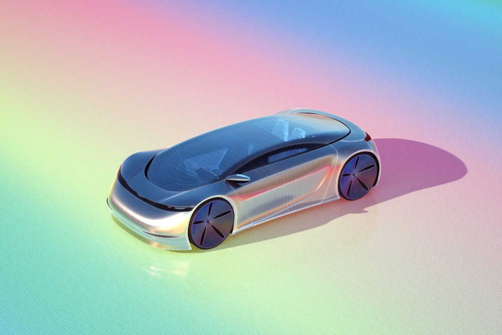 Digital generated image of futuristic car standing on multicolored digital reflective surface.||||