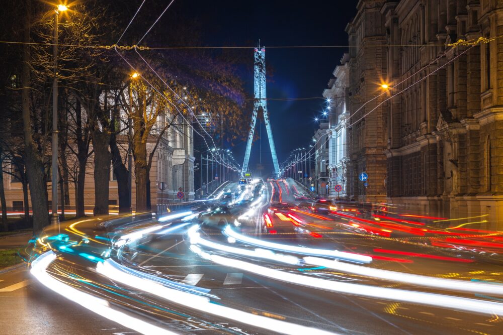 Night view of Kr. Valdemara Street and Cable-stayed Bridge in Riga