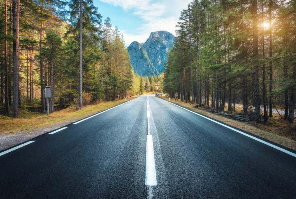 Road in summer forest at sunset in Italy. Beautiful mountain roadway