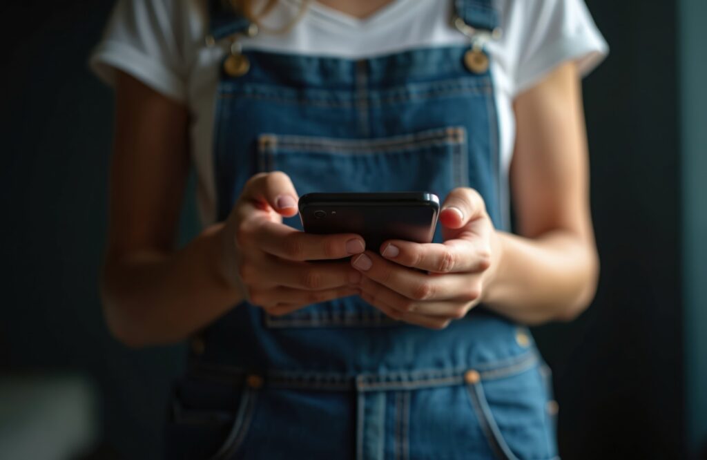 Young woman in denim overalls holding a smartphone (closeup)